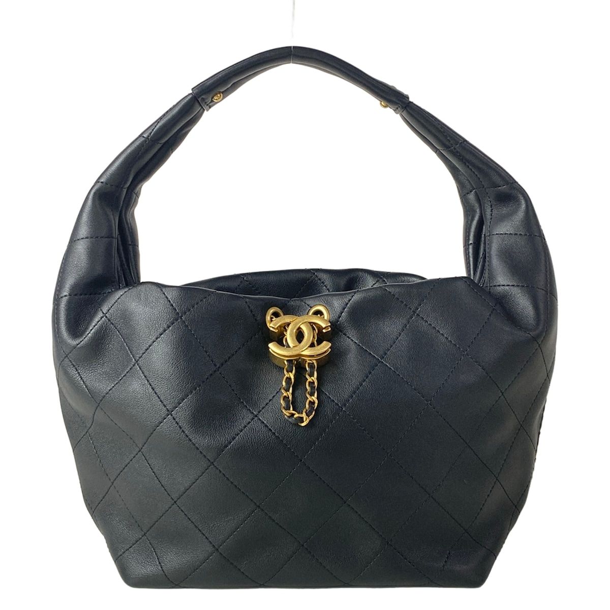 Chanel Shoulder Bag Hobo Black Gold Metal