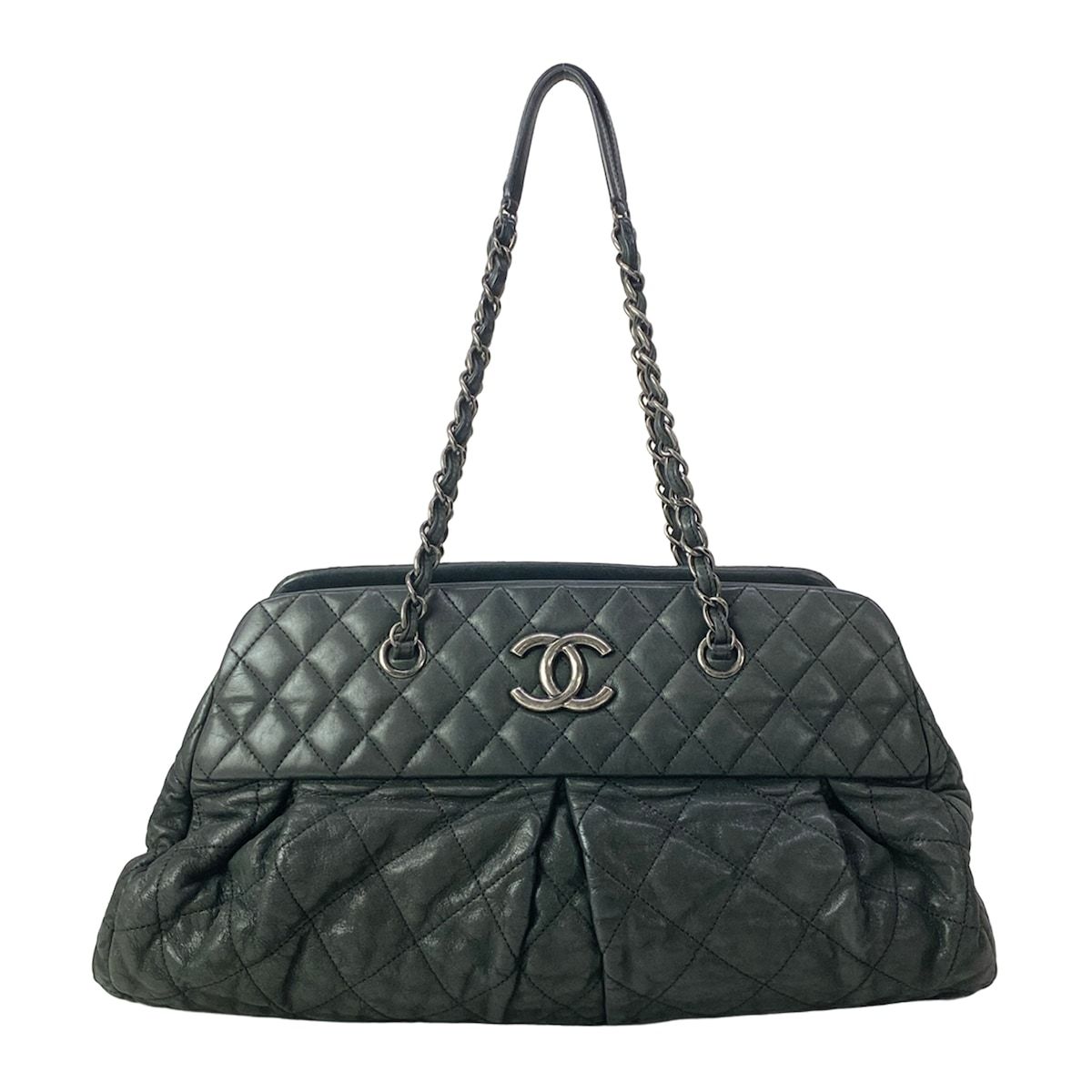 Chanel Shoulder Bag Quilted Dark Gray Vintage Silver Chain Leather