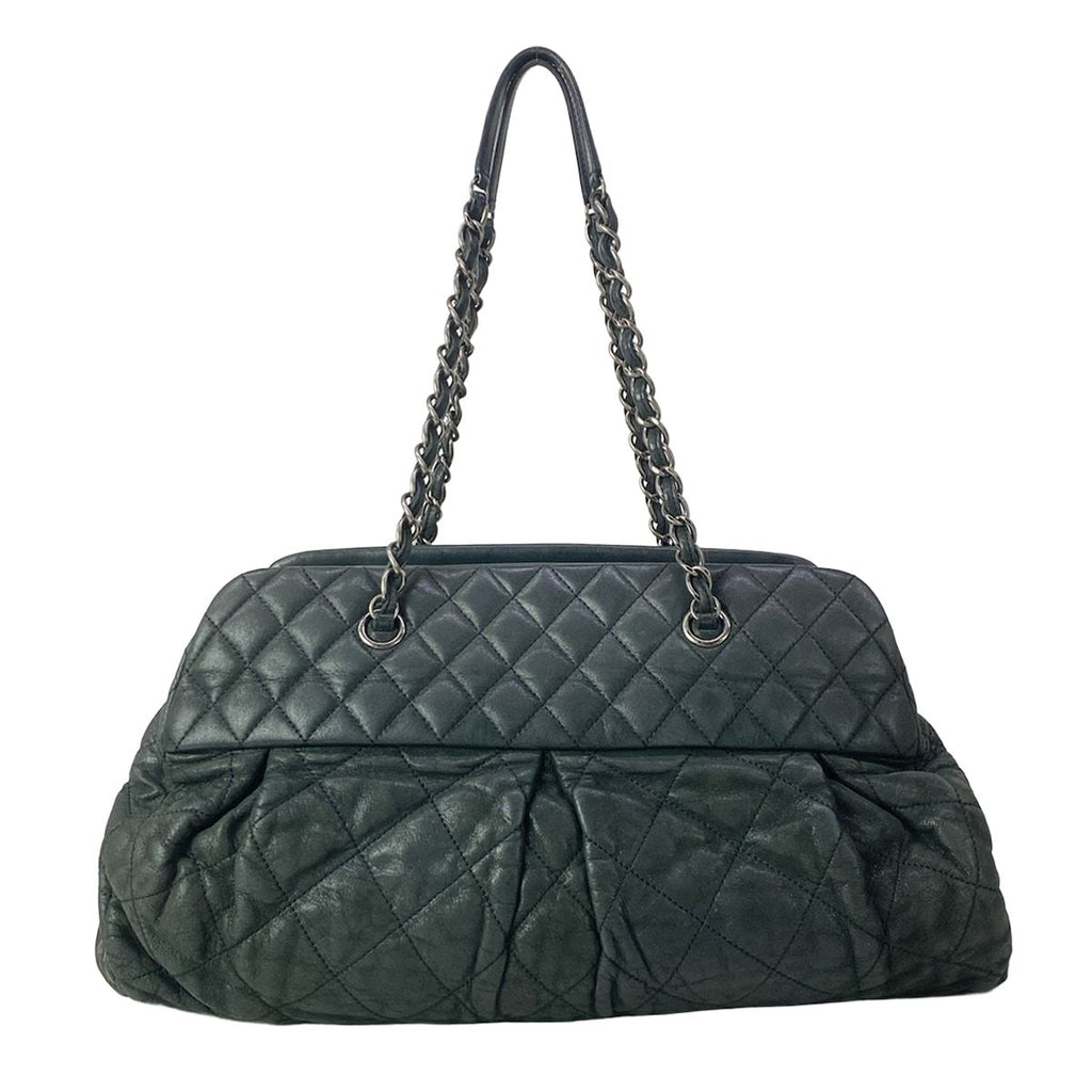 Chanel Shoulder Bag Quilted Dark Gray Vintage Silver Chain Leather — view 3
