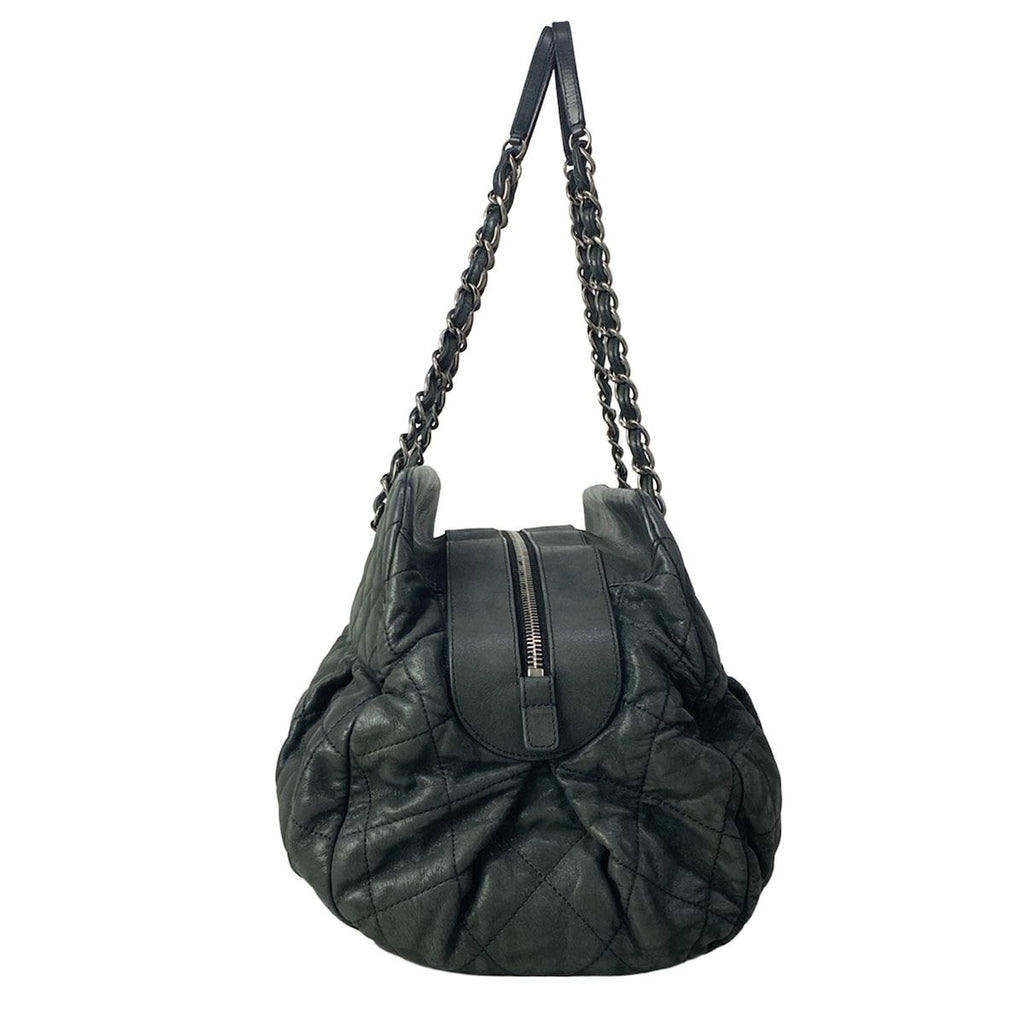 Chanel Shoulder Bag Quilted Dark Gray Vintage Silver Chain Leather — view 4