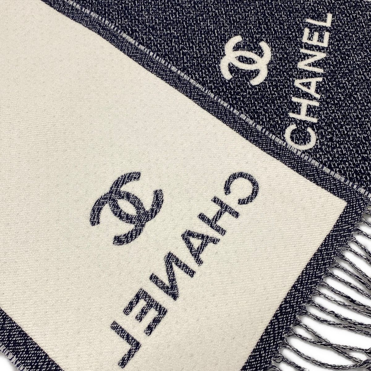 Chanel Scarf Navy White CC Logo Wool — view 4