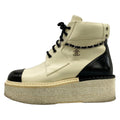 Chanel Short Boots 38.5 C Ivory Black Silver Chain CC Logo Leather