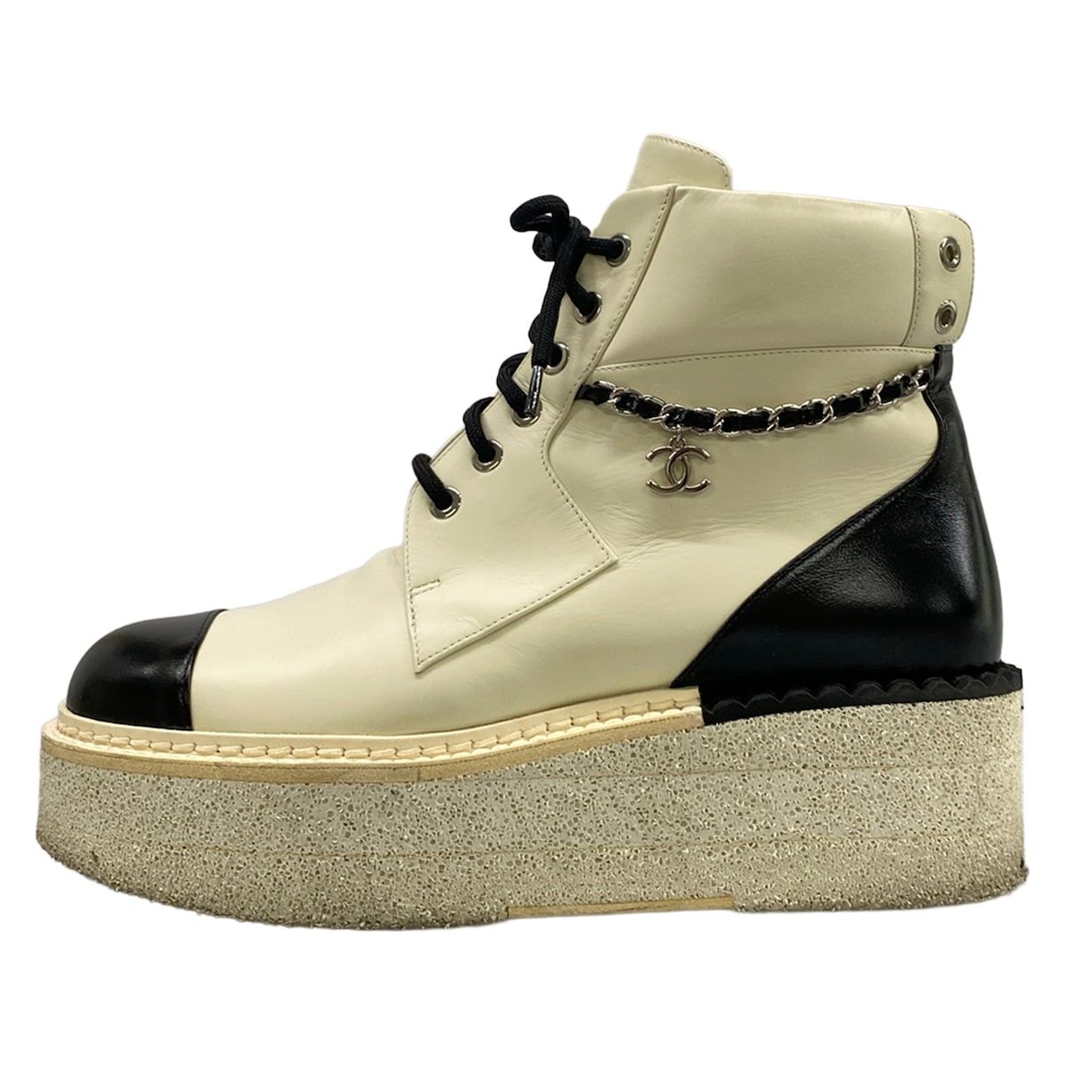 Chanel Short Boots 38.5 C Ivory Black Silver Chain CC Logo Leather