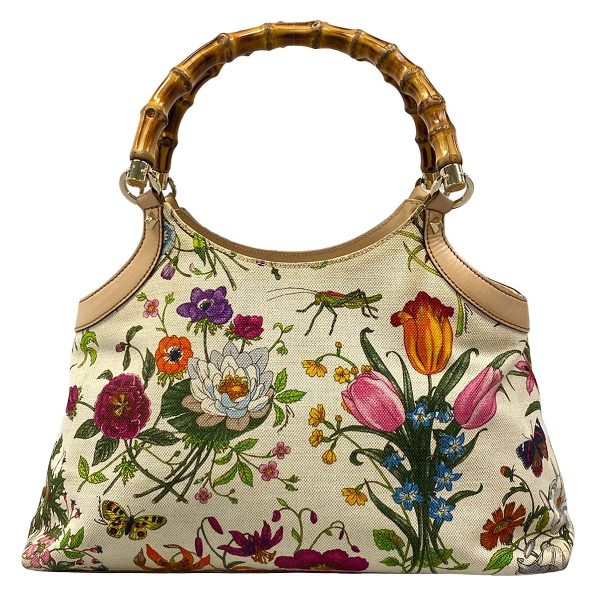 Gucci Handbag Flora Bamboo White Multi Leather
