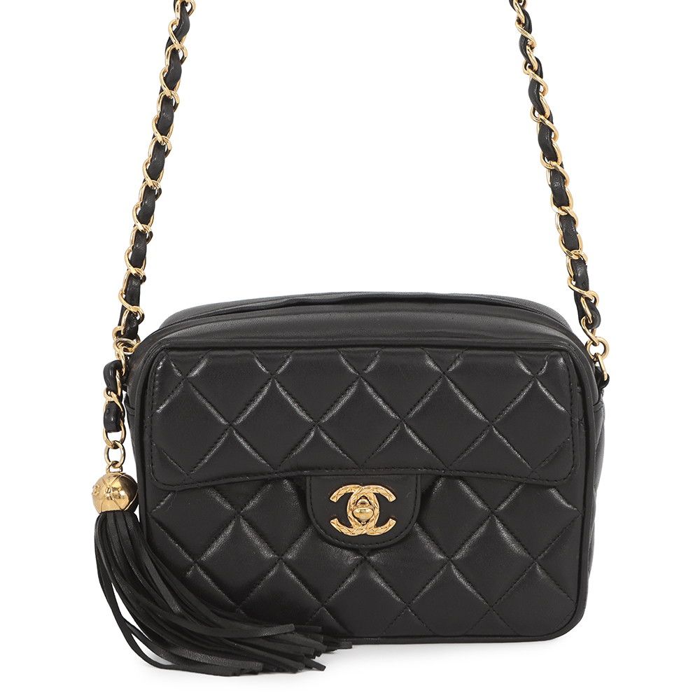 Chanel Shoulder Bag Quilted CC Logo Fringe Tassel Lambskin Black
