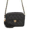 Chanel Shoulder Bag Quilted CC Logo Fringe Tassel Lambskin Black