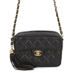 Chanel Shoulder Bag Quilted CC Logo Fringe Tassel Lambskin Black