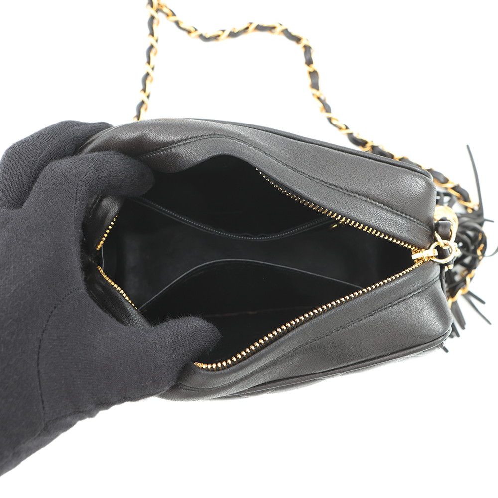 Chanel Shoulder Bag Quilted CC Logo Fringe Tassel Lambskin Black — view 6