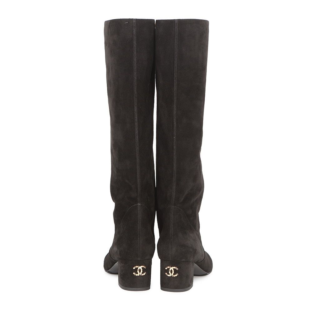 Chanel Long Boots CC Logo Suede Calfskin 36.5 Shoes Black — view 3