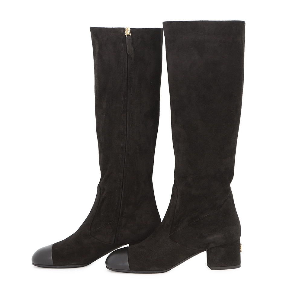 Chanel Long Boots CC Logo Suede Calfskin 36.5 Shoes Black — view 2