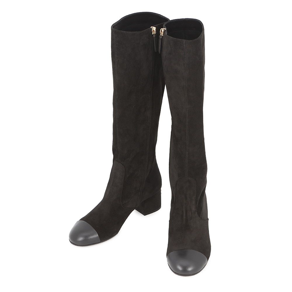Chanel Long Boots CC Logo Suede Calfskin 36.5 Shoes Black