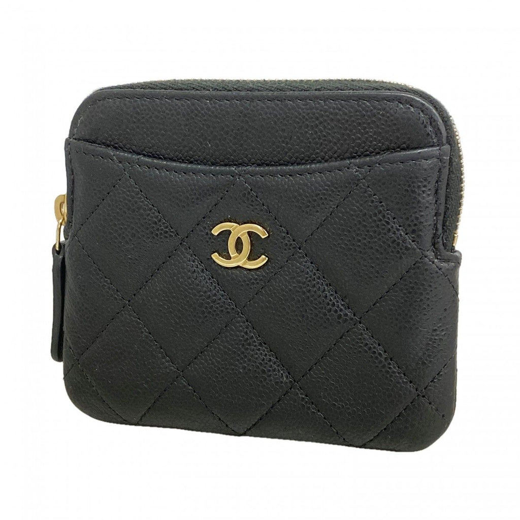 Chanel Coin Case Quilted Caviar Leather Black Champagne Gold