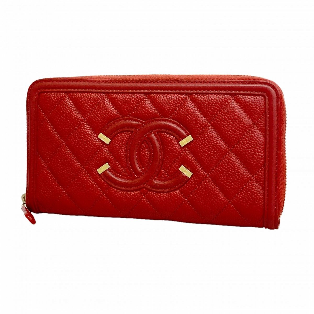 Chanel Wallet Quilted Filigree Caviar Leather Red Gold