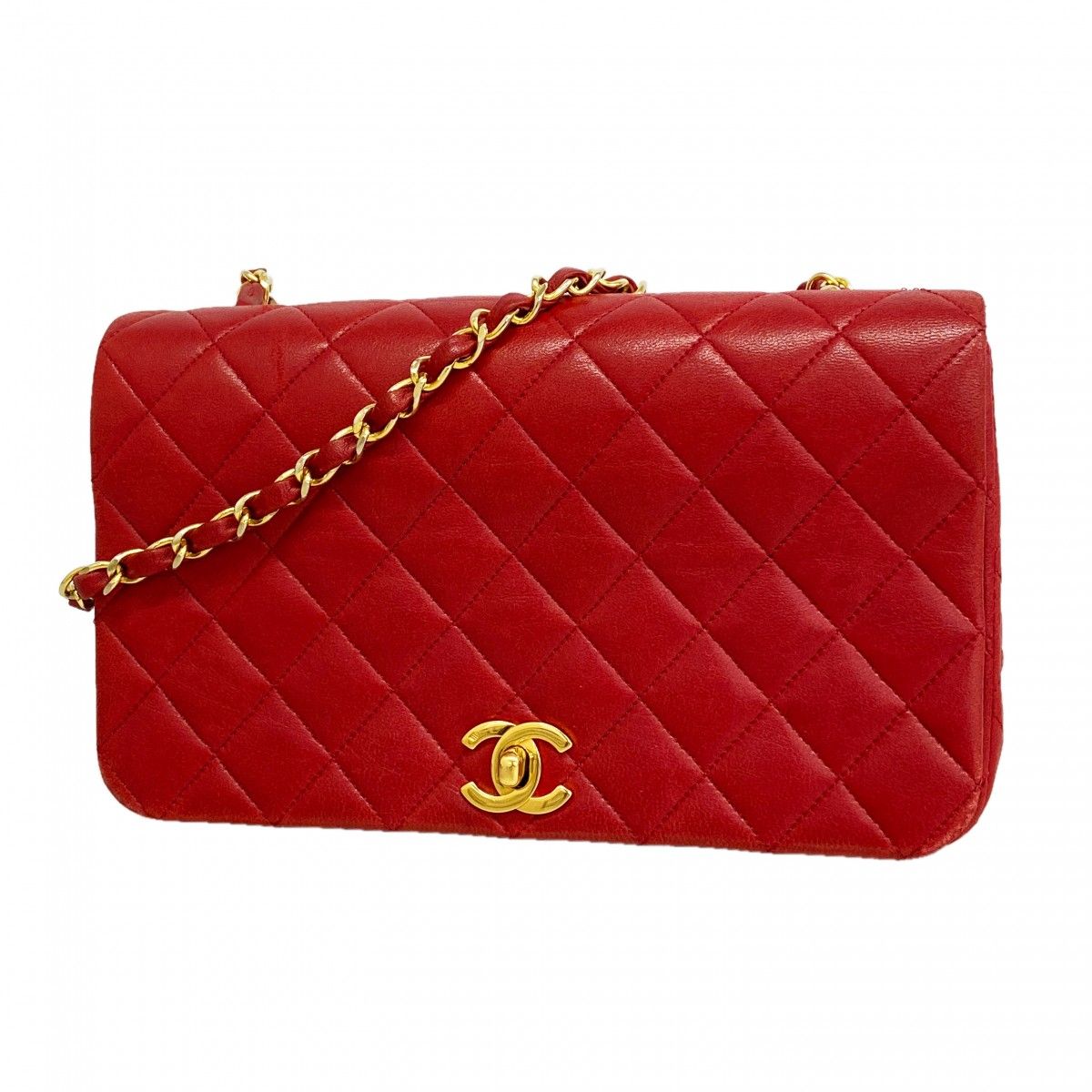 Chanel Shoulder Bag Quilted Lambskin Red Gold