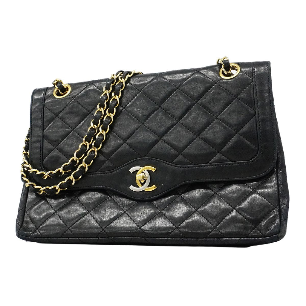 Chanel Shoulder Bag Quilted Limited Edition Lambskin Black Gold Silver