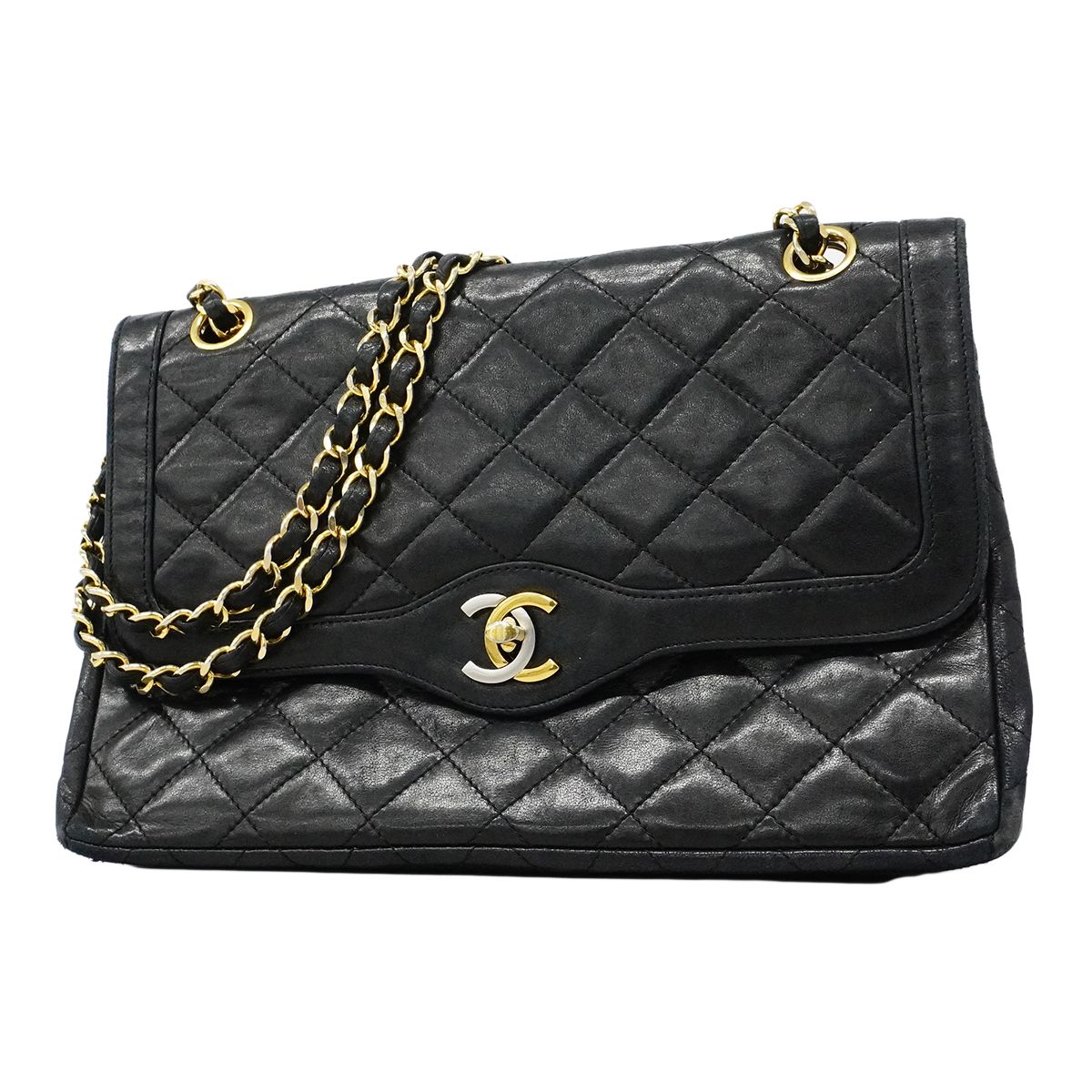 Chanel Shoulder Bag Quilted Limited Edition Lambskin Black Gold Silver
