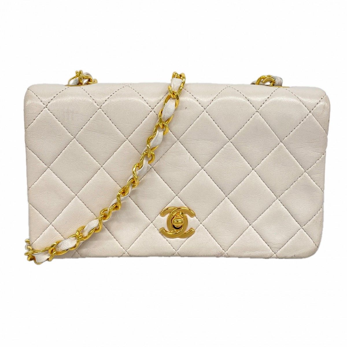 Chanel Shoulder Bag Quilted Lambskin White Gold