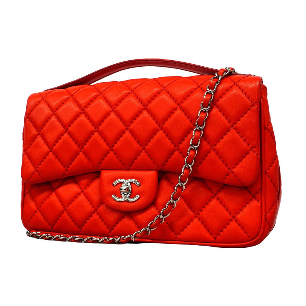 Chanel Handbag Quilted Lambskin Red Silver 2-Way