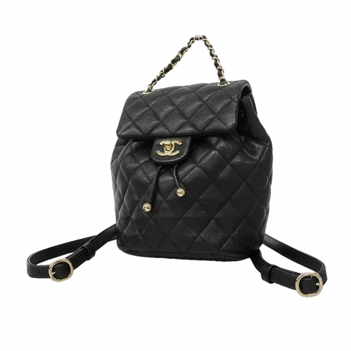 Chanel Backpack Quilted Caviar Leather Black Champagne Gold