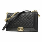 Chanel Shoulder Bag Boy Lambskin Black Champagne Gold
