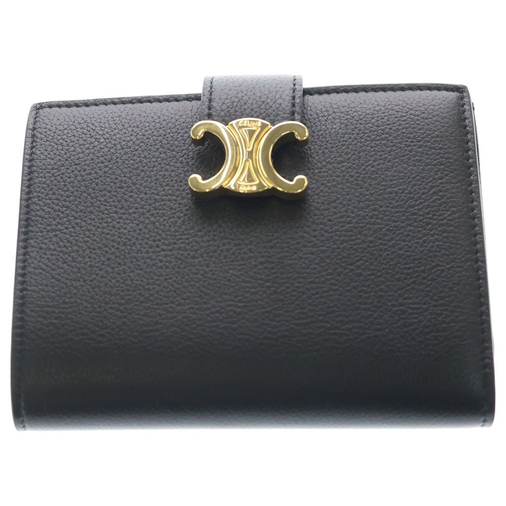 Celine Triomphe Strap Wallet Nino Bifold Coin Case Black Leather Gold