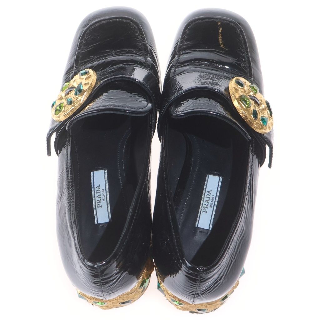 Prada Square to Gold Stonewall Chunky Heels Enamel Loafers Black — view 4