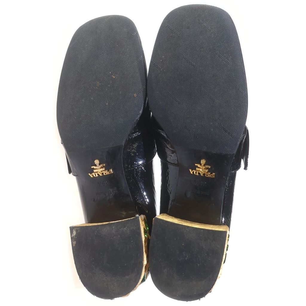 Prada Square to Gold Stonewall Chunky Heels Enamel Loafers Black — view 5