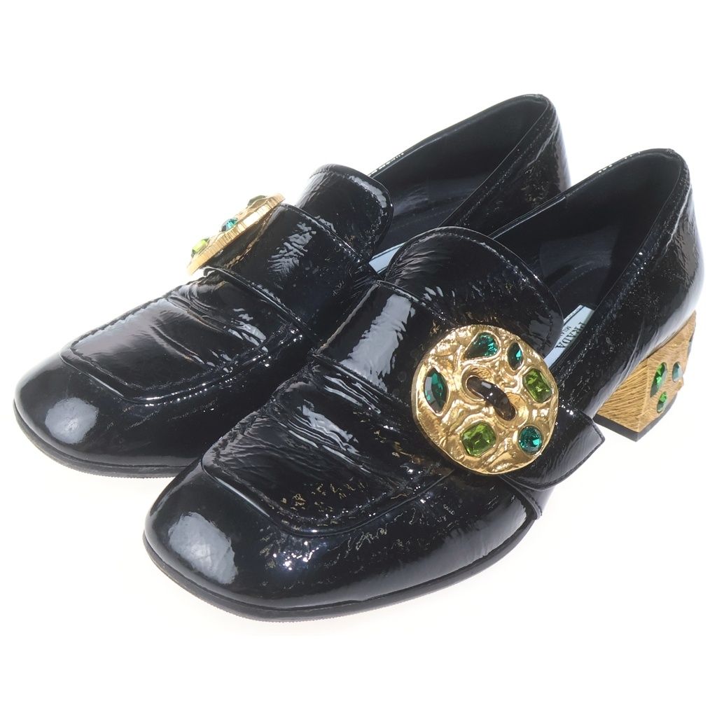 Prada Square to Gold Stonewall Chunky Heels Enamel Loafers Black — view 2
