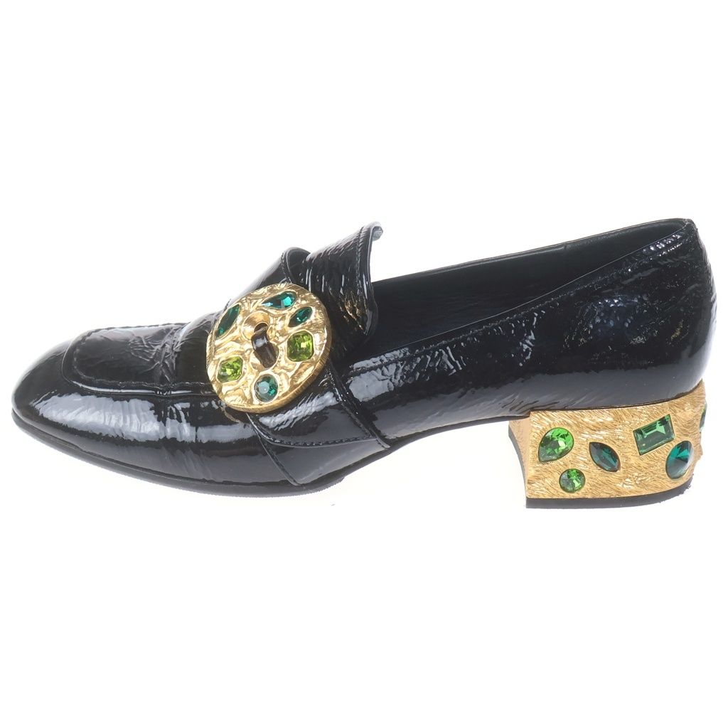 Prada Square to Gold Stonewall Chunky Heels Enamel Loafers Black