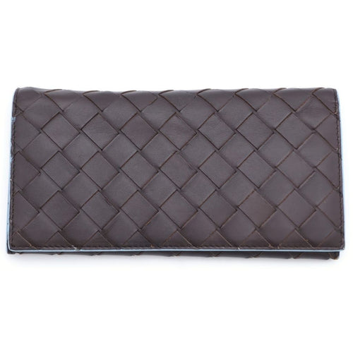 Bottega Veneta Intrecciato Wallet Card Case Brown Light Blue Leather