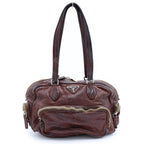 Prada Washed Leather Boston Bag Brown Silver