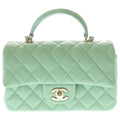 Chanel Top Handle Mini Flap Chain Shoulder Bag Light Green Lambskin Gold