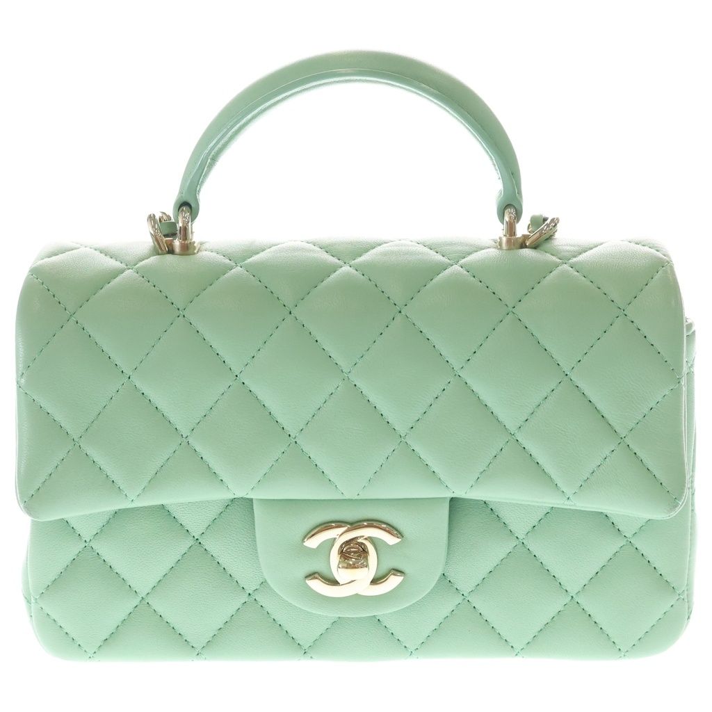 Chanel Top Handle Mini Flap Chain Shoulder Bag Light Green Lambskin Gold