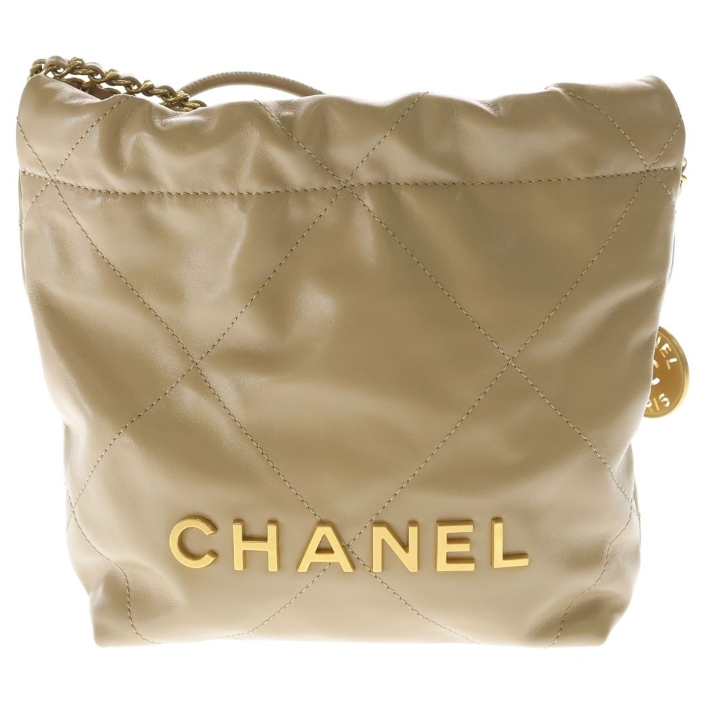 Chanel Quilted 22 Mini Calfskin Gold 2-Way Chain Shoulder Bag Plate Beige