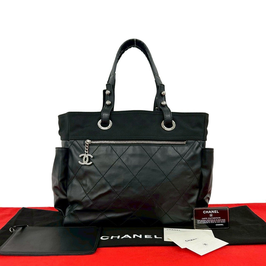 Chanel With Card Paris Biarritz GM Canvas Leather Tote Black