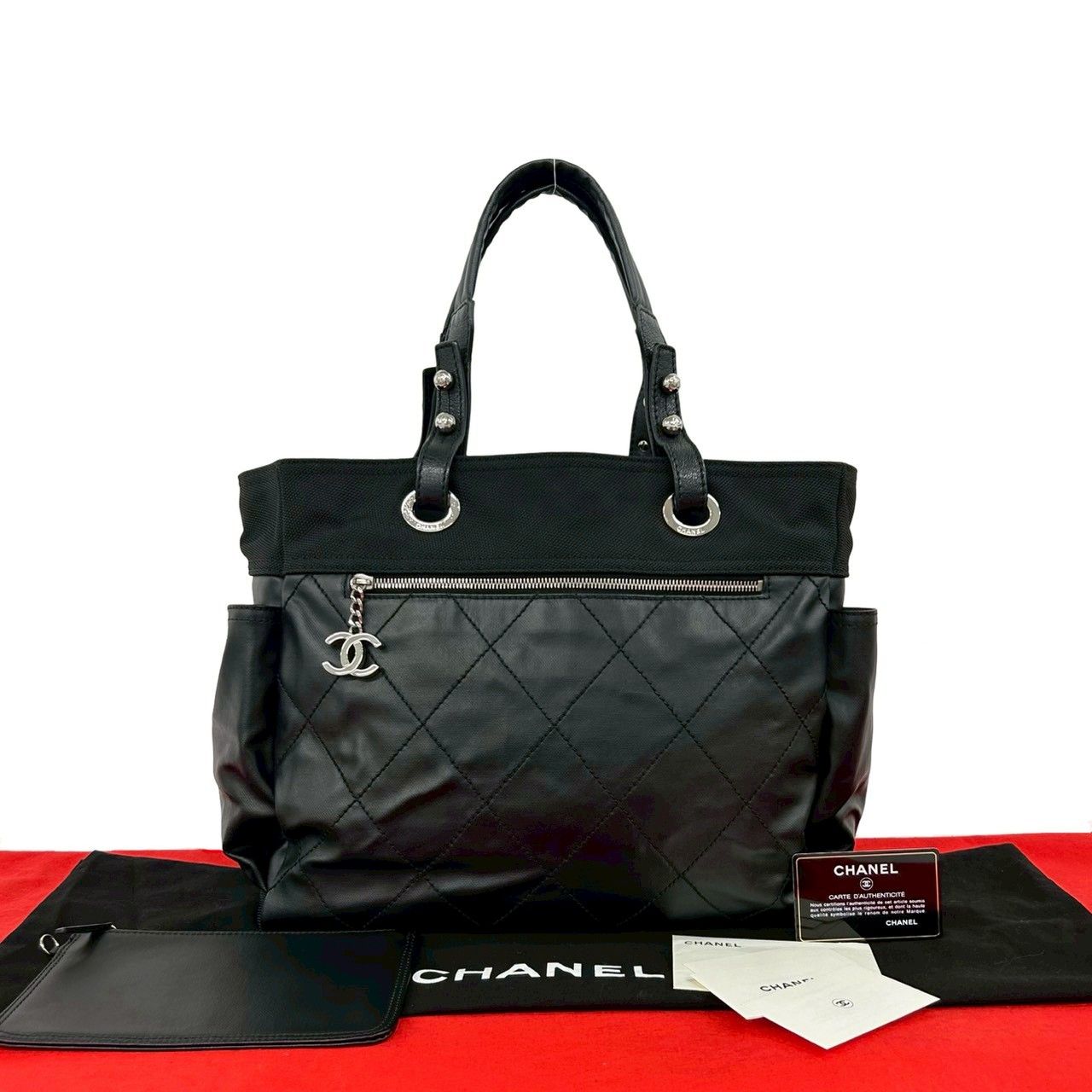 Chanel With Card Paris Biarritz GM Canvas Leather Tote Black