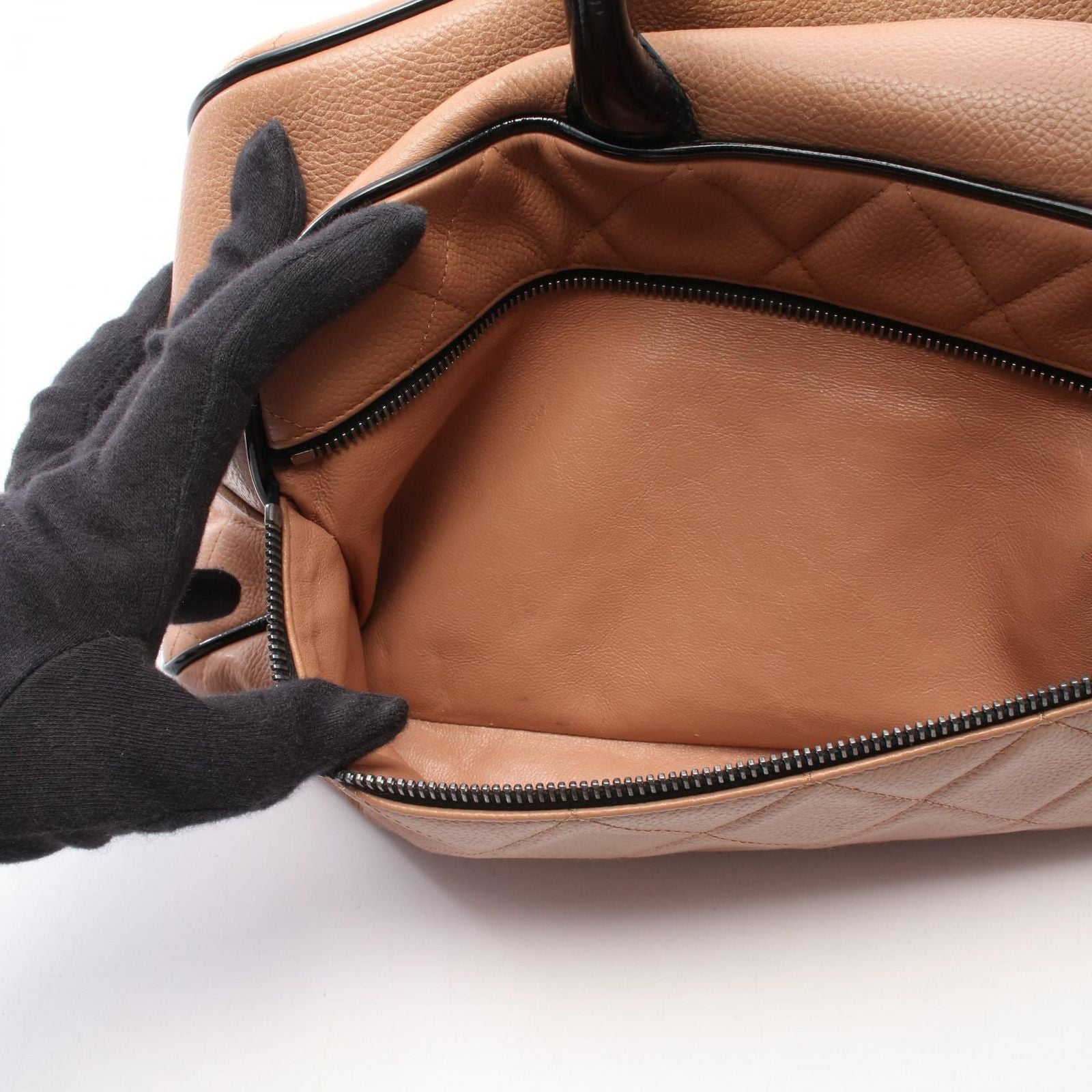 Chanel Tote Quilted Bowling Bag Camel Black Caviar Leather — view 9