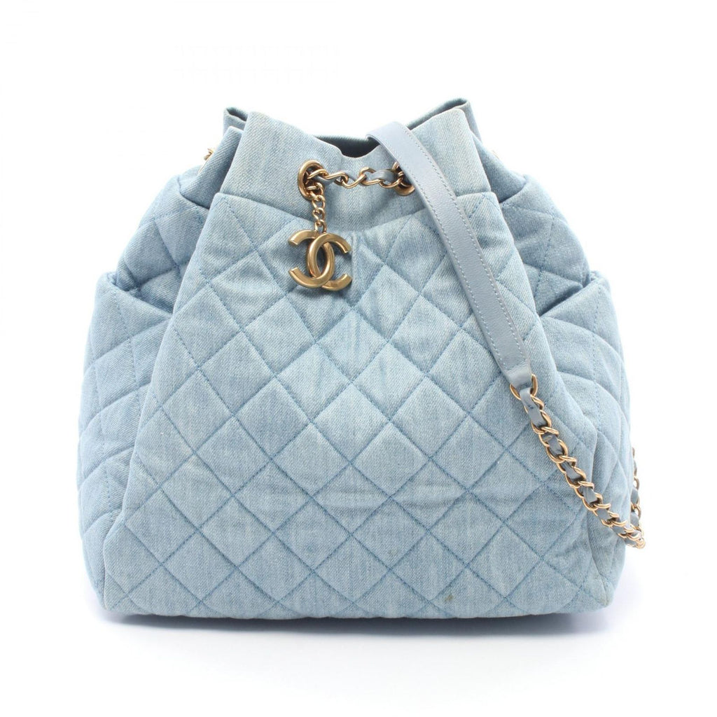 Chanel Shoulder Bag Quilted Drawstring Denim Blue