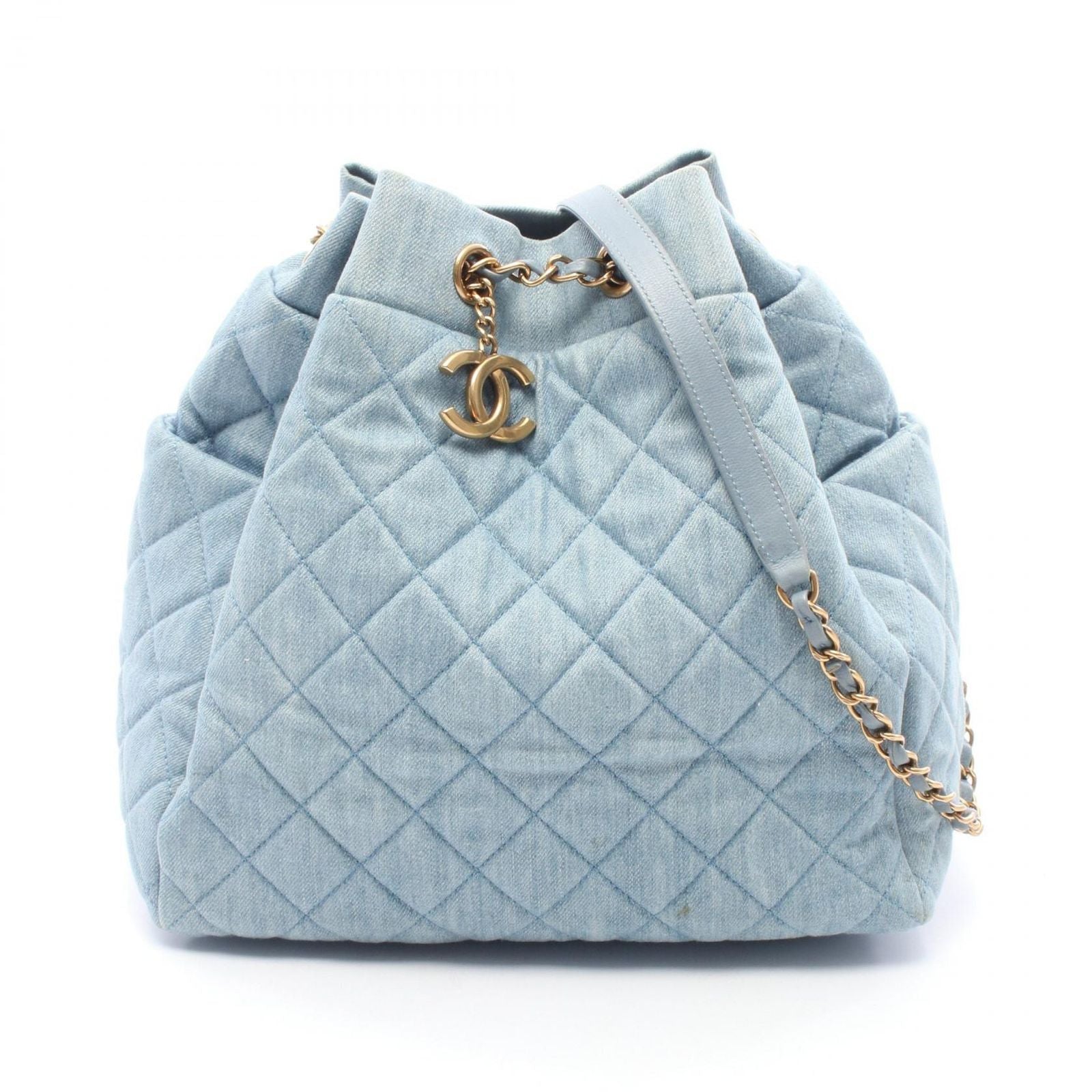 Chanel Shoulder Bag Quilted Drawstring Denim Blue