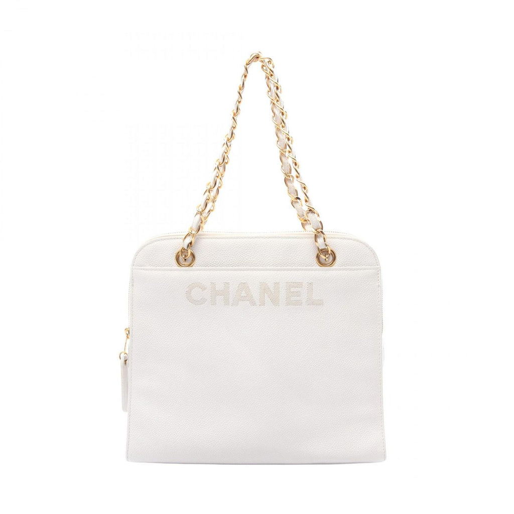 Chanel Tote Logo White Caviar Leather Chain