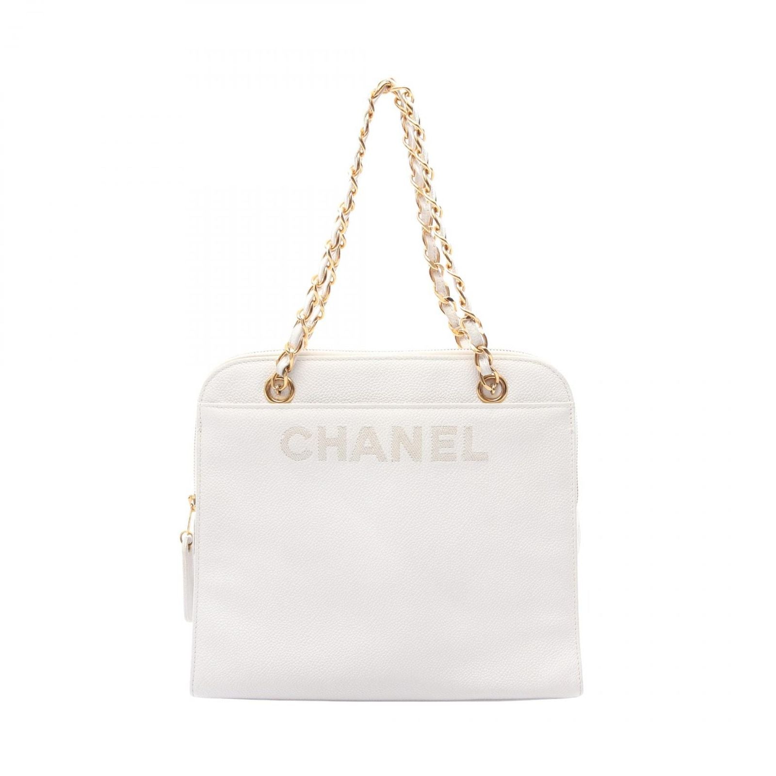 Chanel Tote Logo White Caviar Leather Chain