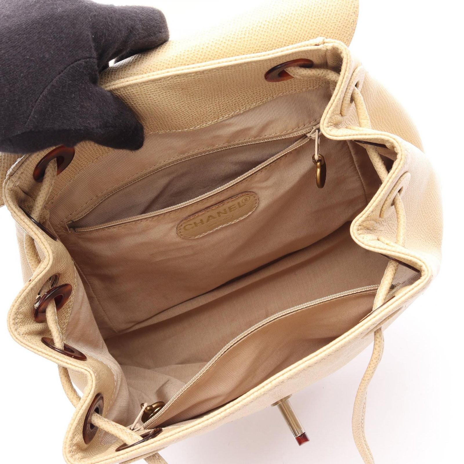 Chanel Backpack CC Logo Light Beige Caviar Leather — view 3