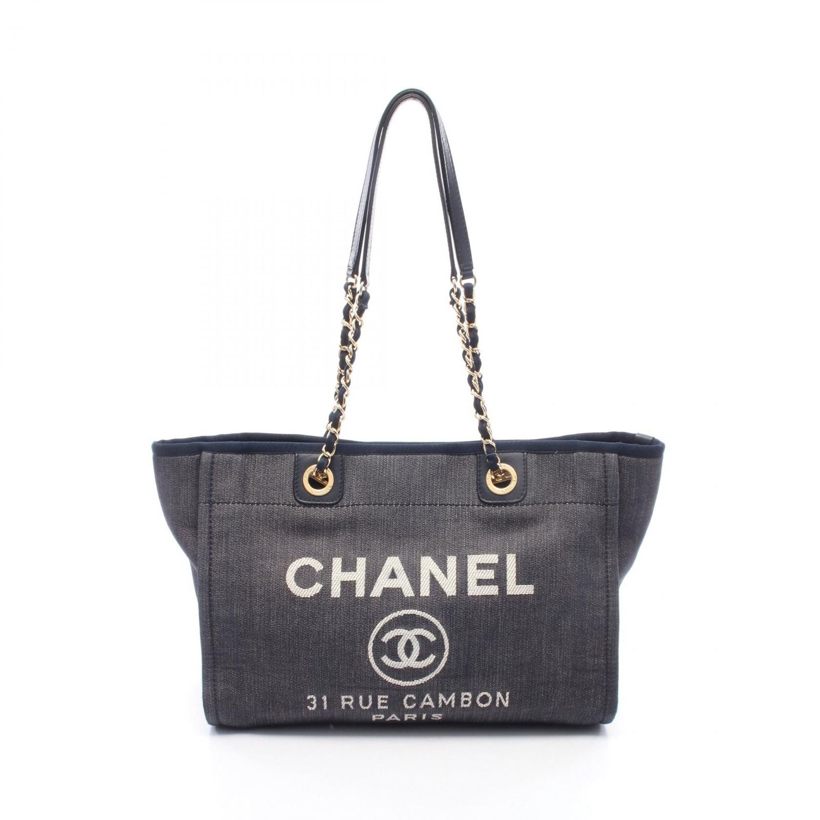 Chanel Tote Deauville Indigo Blue Denim Leather Chain MM