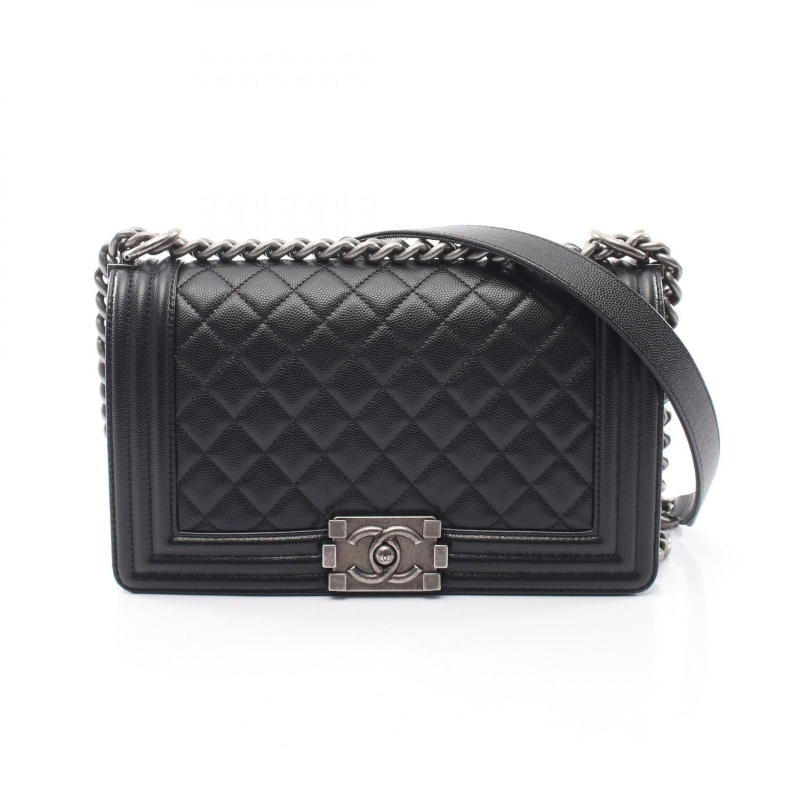 Chanel Shoulder Bag Boy Black Caviar Leather Boy Chain