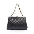 Chanel Handbag Quilted Black Caviar Leather Kiss Lock Chain
