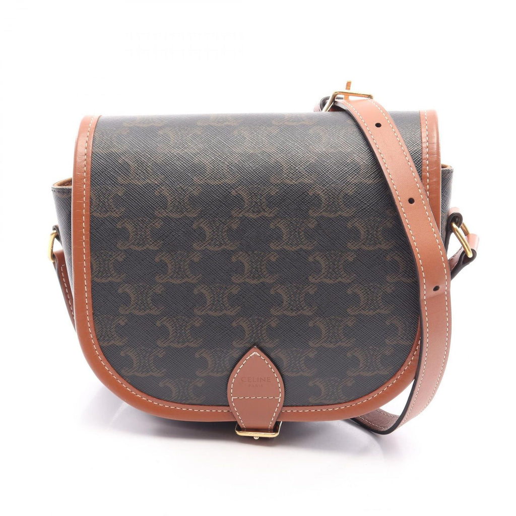 Celine Shoulder Bag Folco Triomphe Black Brown Canvas Leather