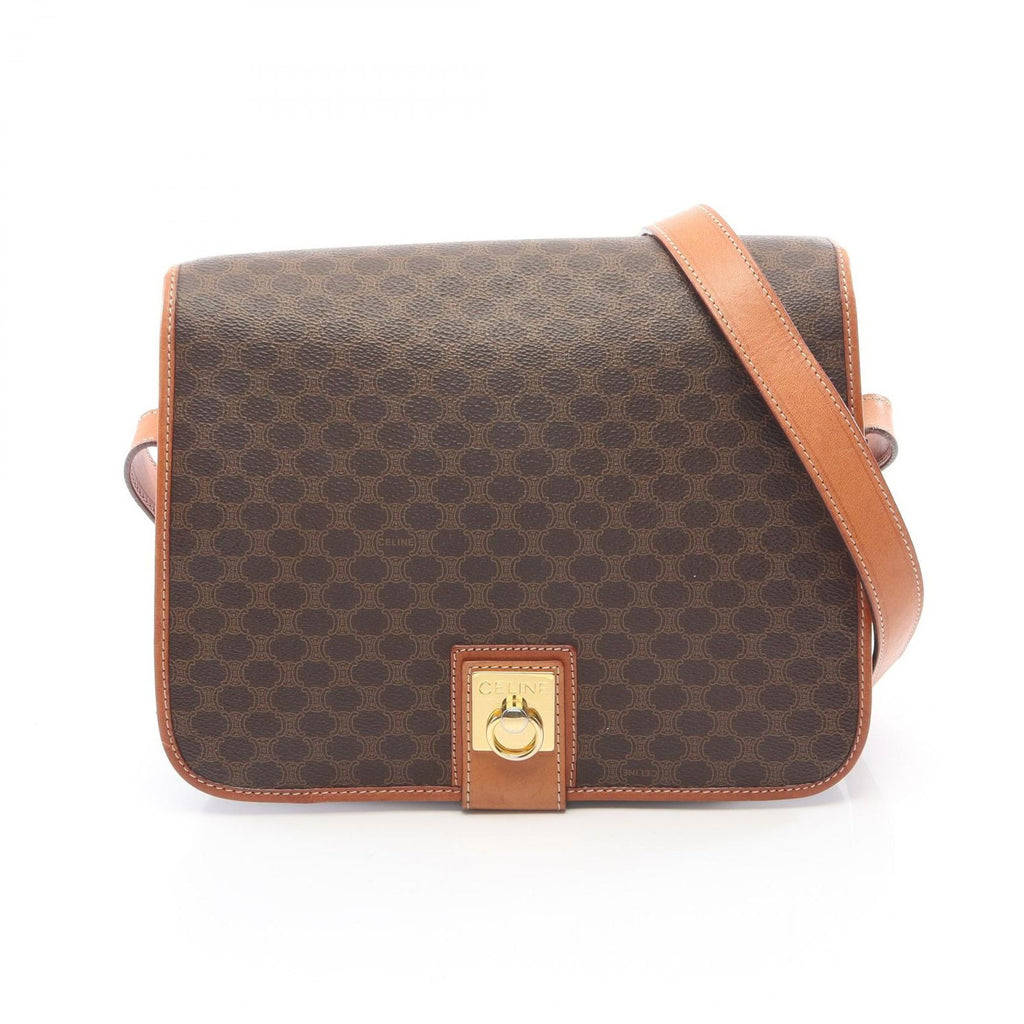 Celine Shoulder Bag Macadam Brown Canvas Leather