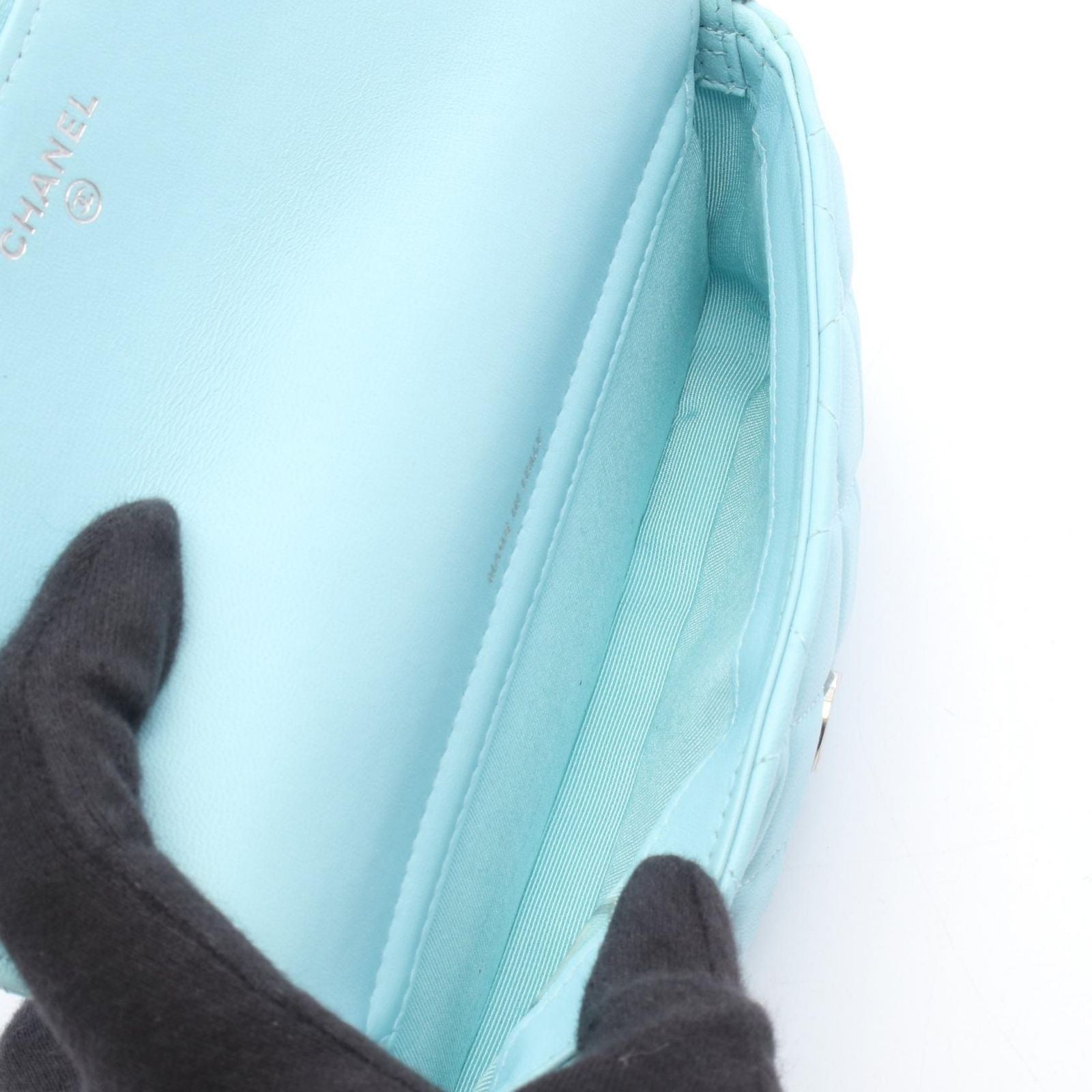 Chanel Shoulder Bag Quilted Phone Case Aqua Blue Lambskin Chain Wallet — view 3