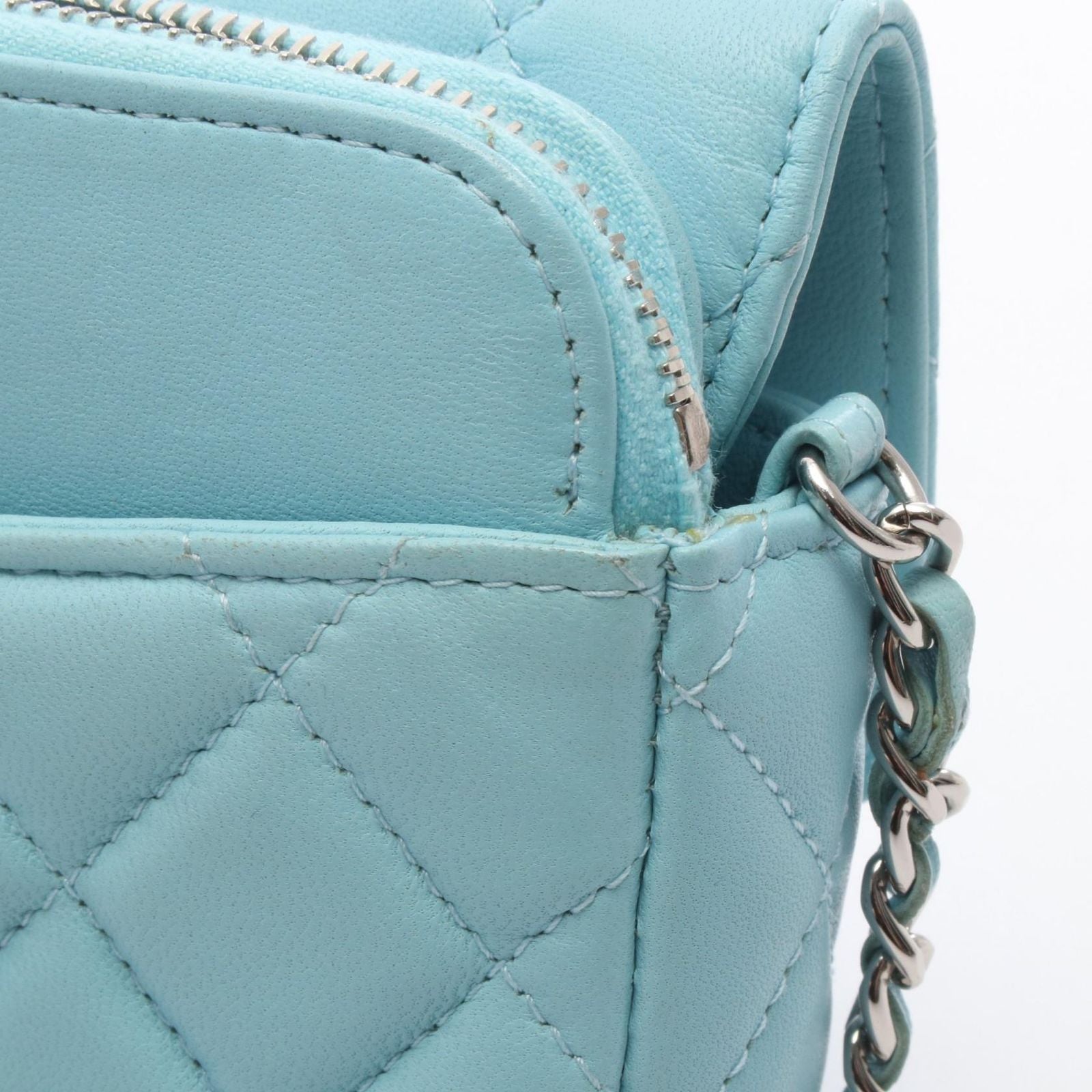 Chanel Shoulder Bag Quilted Phone Case Aqua Blue Lambskin Chain Wallet — view 9