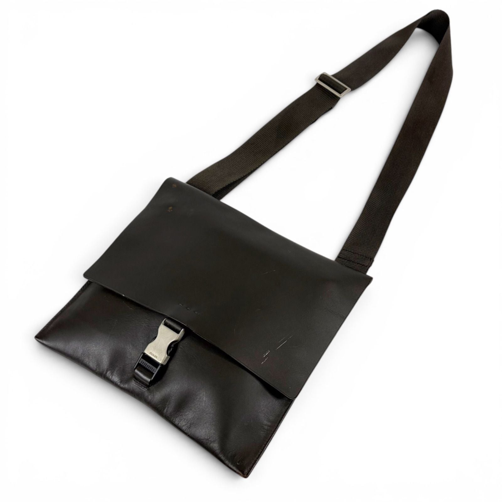 Prada Cobra Buckle Leather Shoulder Bag Cross Dark Brown Vintage